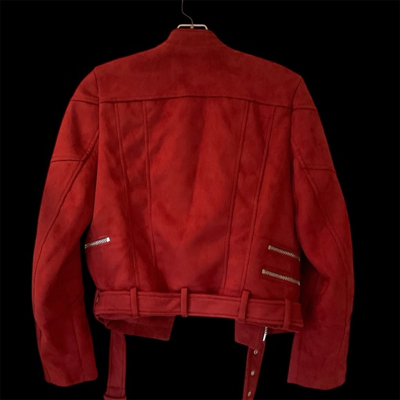 Zara Trafaluc red faux suede biker jacket, multiple zippers, belted waist. Sz S - Picture 3 of 13